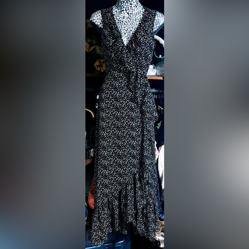 MISA Black and White Polka Dot Wrap Dress